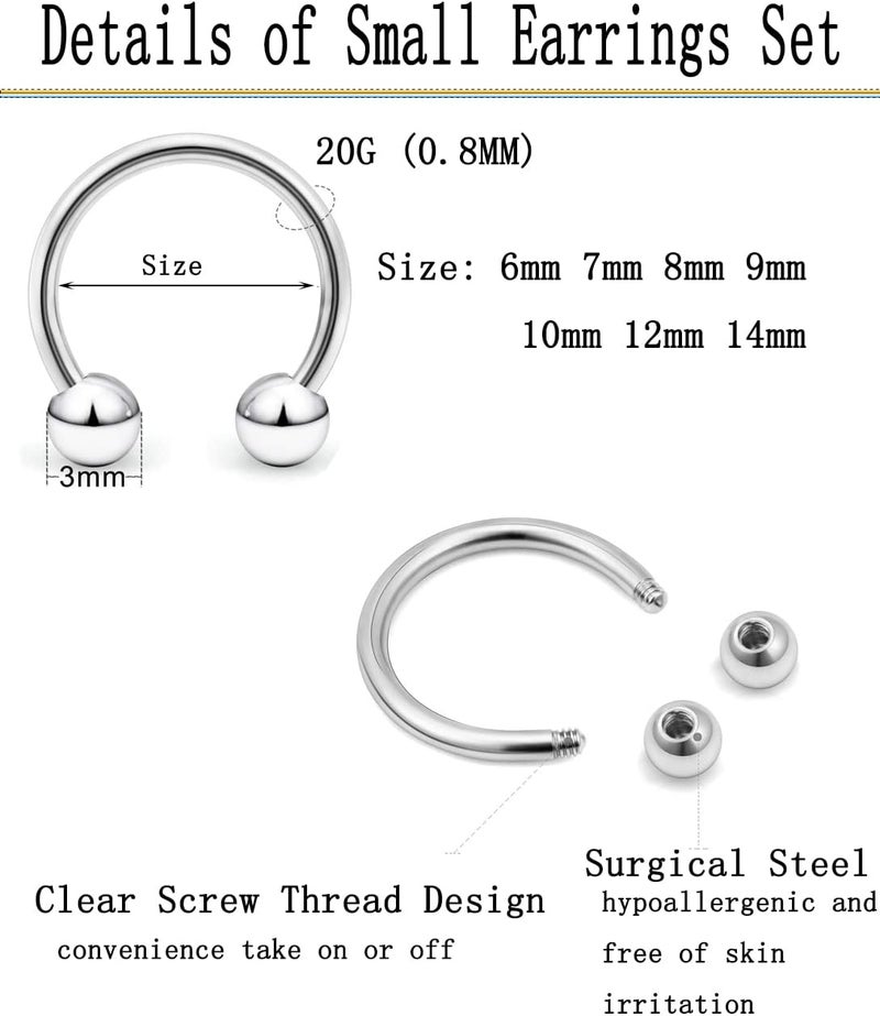 Earmark 7Pairs 6/7/8/9/10/12/14MM Surgical Steel Horseshoe Small Septum Rings Smiley Piercing Jewelry Circular Curved Barbell Piercing Hoops Set for Nose Nipple Nostril Cartilage Helix Daith Tragus Lip Eyebrow - Image 3